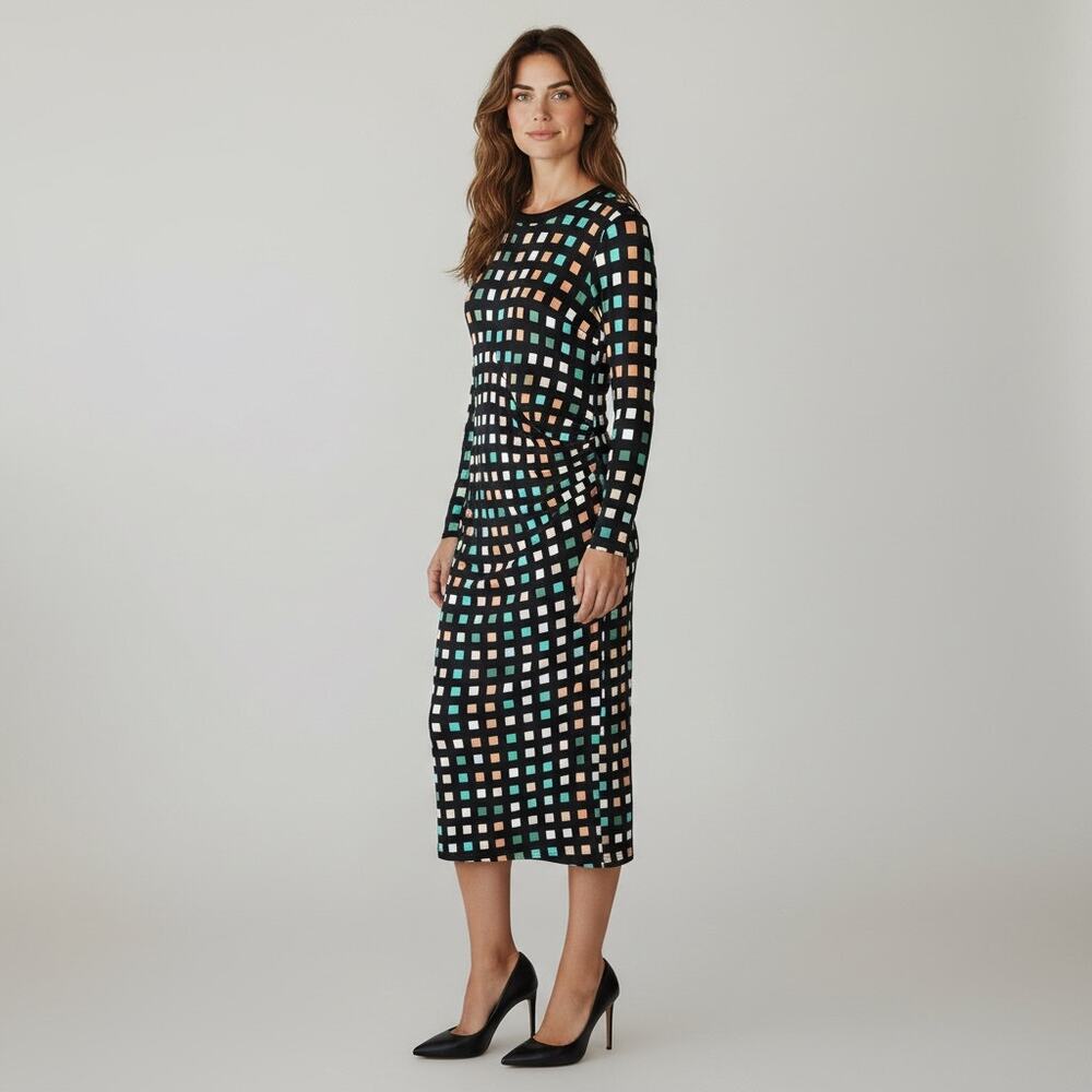 BOSS Hugo Boss Esetta Geometric Print Midi Dress Side Ruching Size Large
